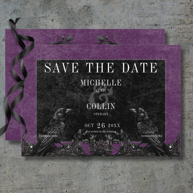 Reserve A Data Rosas Pretos Góticos Raven e Negra Casamento Roxo (Gothic Black Raven & Black Roses Purple Wedding Save The Date Card)
