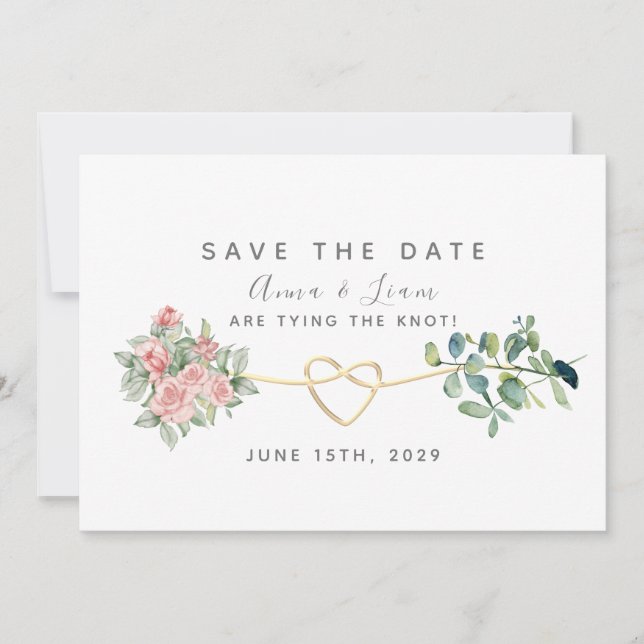Reserve A Data Rosas Rosa Bege e Folhagens Casamento (Frente)