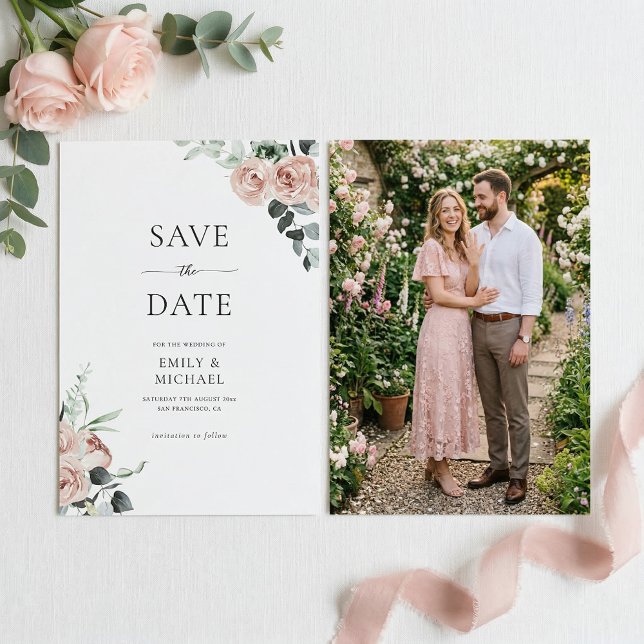 Reserve A Data Rosas Rosa Choque Com Foto Casamento Elegante (Criador carregado)
