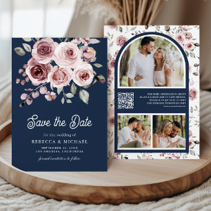 Reserve A Data Rosas rosa Dusty Foto QR Código Marinho Casamento 