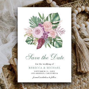 Reserve A Data Rosas Rosa Empoeirado Monstera Tropical Casamento
