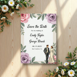 Reserve A Data Rosas Rosa Púrpura Casal Watercolor Casamento Flor