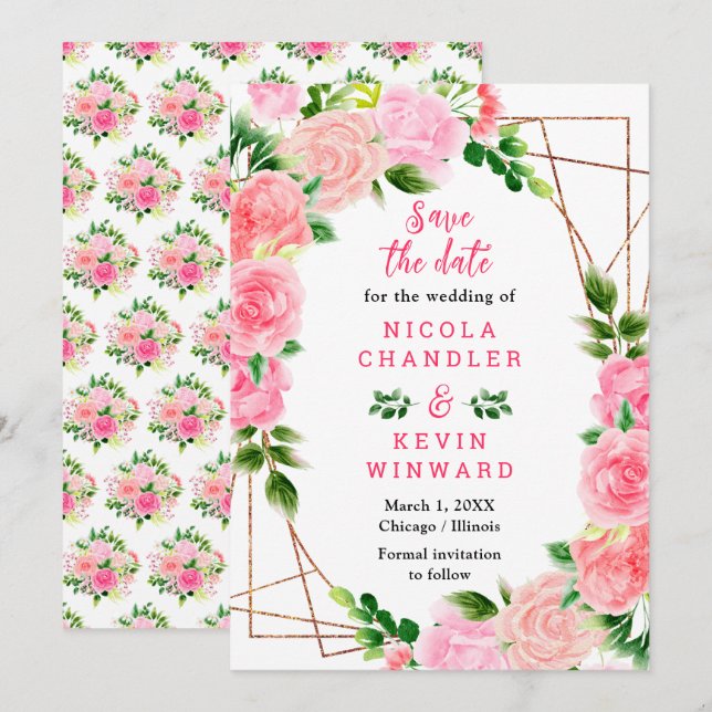 Reserve A Data Rosas Rosas com Folhagem Casamento (Frente/Verso)