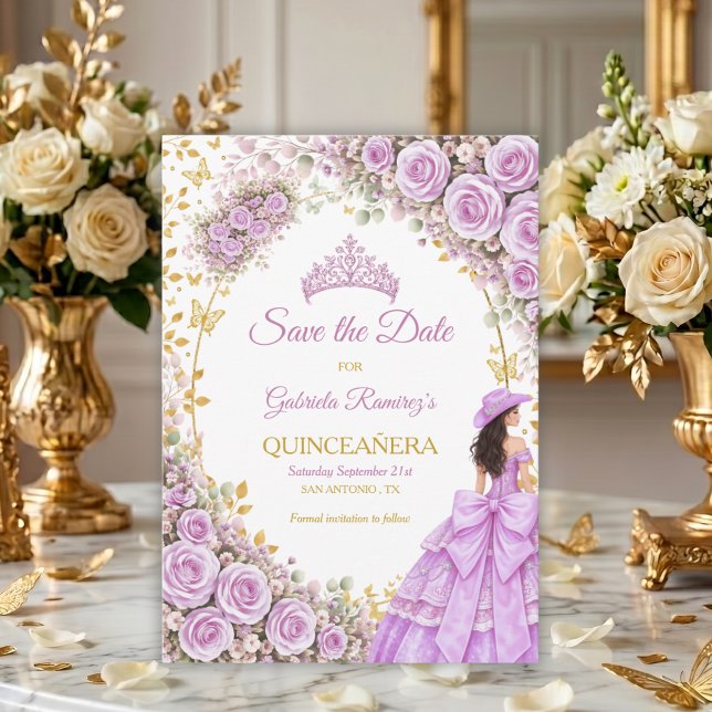 Reserve A Data Rosas Roxas Lilás Borboleta Dourada Quinceañera (Criador carregado)
