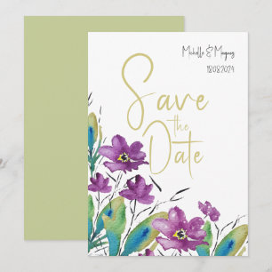 Reserve A Data Rosas Silvestres Roxo Turquesa Artístico Aquarela