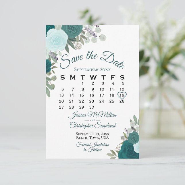 Reserve A Data Rosas Teais Floral Elegante Boho Calendário de Cas (Em pé/Frente)