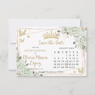 Reserve A Data Rosas Verde Salvia Floral Dourado Calendário Quinc