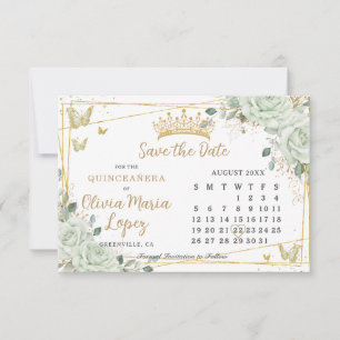 Reserve A Data Rosas Verde Salvia Floral Dourado Calendário Quinc