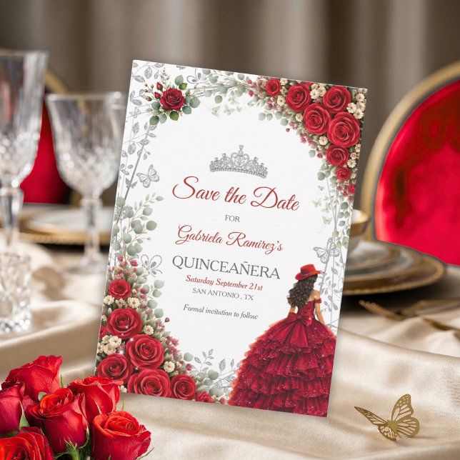 Reserve A Data Rosas Vermelhas Borboletas Prateadas Quinceañera (Criador carregado)
