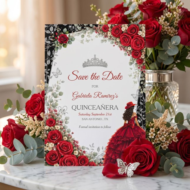 Reserve A Data Rosas Vermelhas Elegantes e Tiara de Prata Quincea (Criador carregado)
