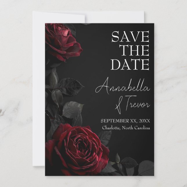 Reserve A Data Rosas Vermelhas em Casamento Gótico Floral Sombrio (Frente)