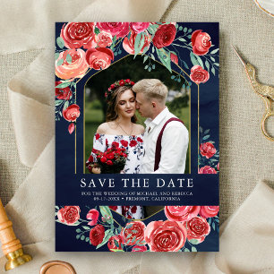 Reserve A Data Rosas Vermelhas Floral Foto Casamento Azul Marinho