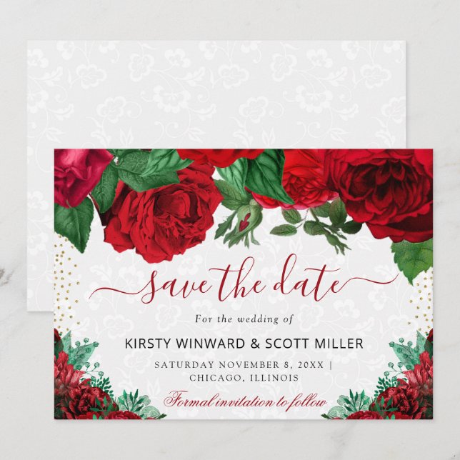 Reserve A Data Rosas Vermelhas Glam Watercolor Casamento (Frente/Verso)