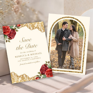 Reserve A Data Rosas Vermelhas Renda Dourada Creme Foto Casamento