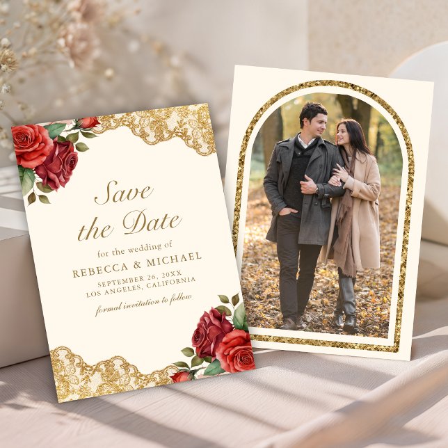 Reserve A Data Rosas Vermelhas Renda Dourada Creme Foto Casamento (Criador carregado)