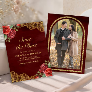 Reserve A Data Rosas Vermelhas Renda Dourada Foto Casamento Marro