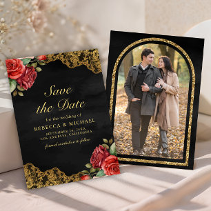 Reserve A Data Rosas Vermelhas Renda Dourada Fotografia Preta Cas