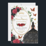 Reserve A Data Rosas vermelhos e pretos Quinceañera floral<br><div class="desc">Personalize este bonito aniversário de Quinceañera, vermelho e negro, Quinceañera / Sweet 16, salve a data fácil e rapidamente. Basta clicar no botão personalizar para editar os textos, alterar as fontes e as cores das fontes. Apresentando uma garota vestida com um lindo vestido de bola negra brilhante, rosas vermelhos e...</div>