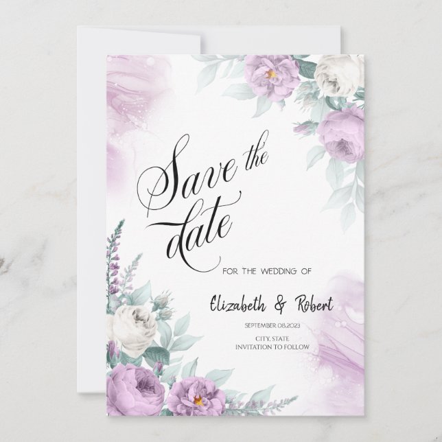 Reserve A Data Rosas Violeta Aquarela Salvar A Data (Frente)