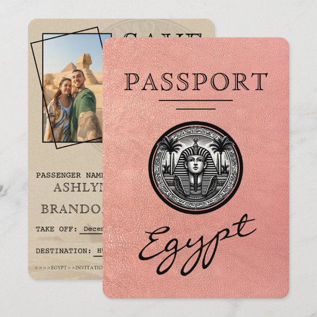 Reserve A Data Rose Gold Egypt Passport Wedding Save the Date (Frente/Verso)