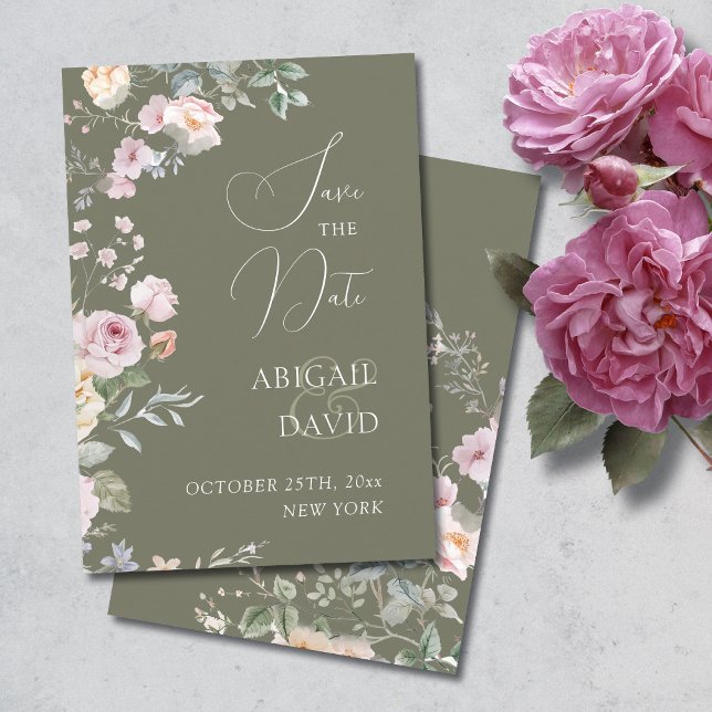 Reserve A Data Roses on Olive Green Wedding Save The Date (Criador carregado)