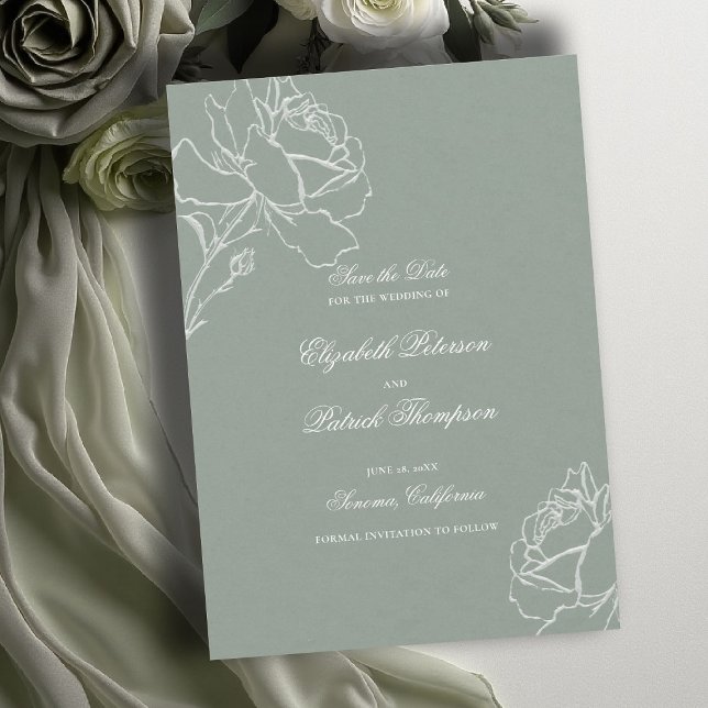 Reserve A Data Roses Vow Sage Verde Moderno Clássico Casamento Fo (sage green wedding theme save the date modern classic white roses floral frame formal traditional)