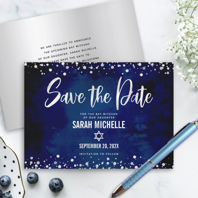 Reserve A Data Roteiro de Bat Mitzvah Navy Silver Glitter Moderno (Criador carregado)