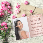 Reserve A Data roteiro de fotos rosa de festa de aniversário<br><div class="desc">Um moderno e elegante Salve a Data para uma festa de aniversário 18 (ou qualquer idade). fundo rosa de gradiente dourado,  decorado com confete rosa dourado. Personalize e adicione uma foto,  data e nome. O texto: Salvar a Data é gravado com um script de estilo com letra de tendência.</div>