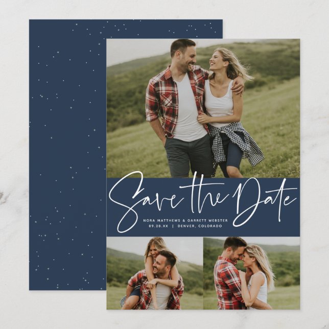 Reserve A Data Roteiro moderno trendy três foto azul-marinho (Frente/Verso)