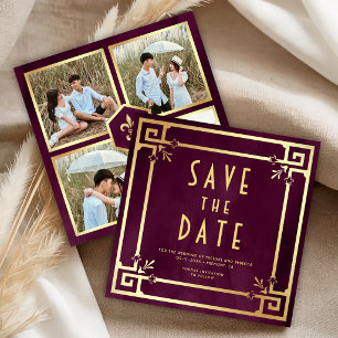 Reserve A Data Roxo Ameixa Dourado Art Déco Colagem de Fotos Casa