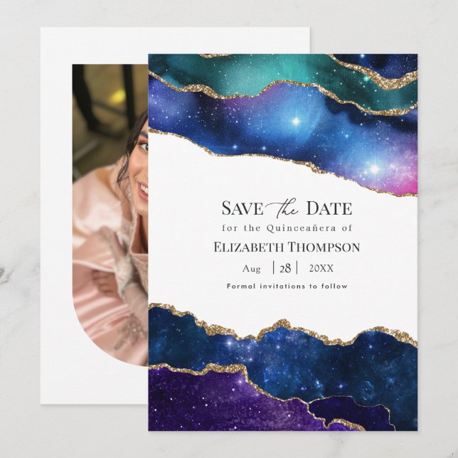 Reserve A Data Roxo Azul Dourado Mármore Doce 15 Quinceañera (Frente/Verso)