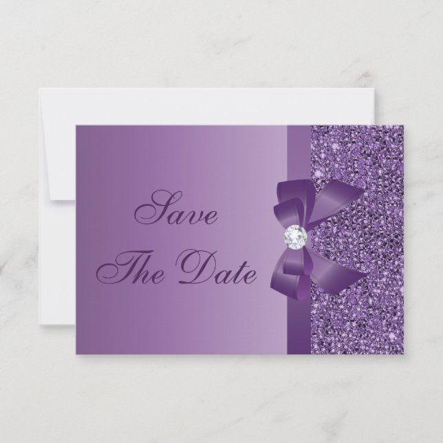 Reserve A Data Roxo com Lantejoulas Impressas para Casamento Save (Frente)