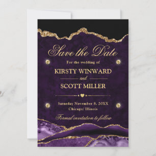 Reserve A Data Roxo e Dourado Brilho Mármore Ágata Save the Date