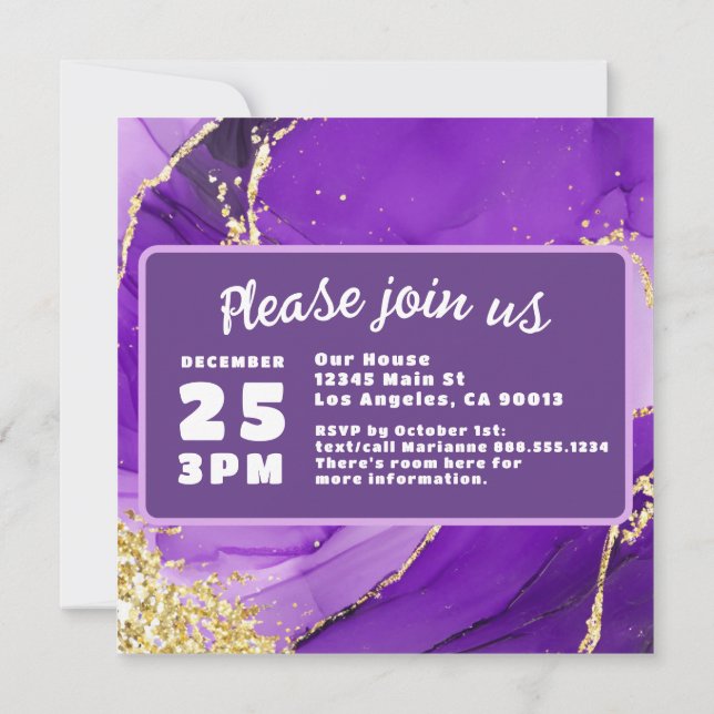 Reserve A Data Roxo e Dourado Luxo Mármore Fantasia Casamento (Verso)