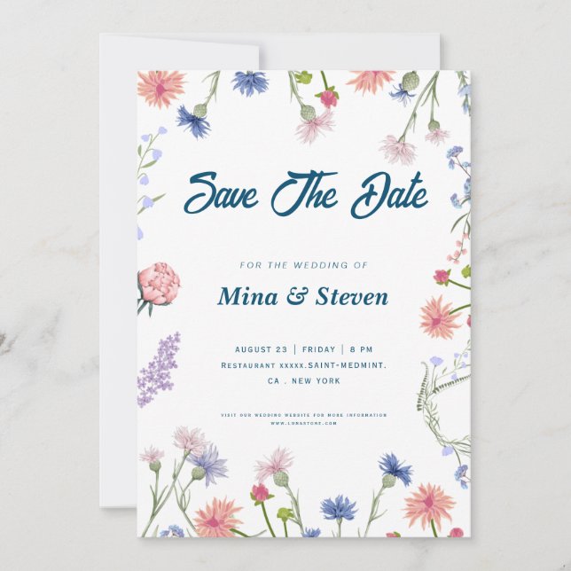 Reserve A Data Roxo e rosa flores silvestres enquadram Casamento  (Frente)