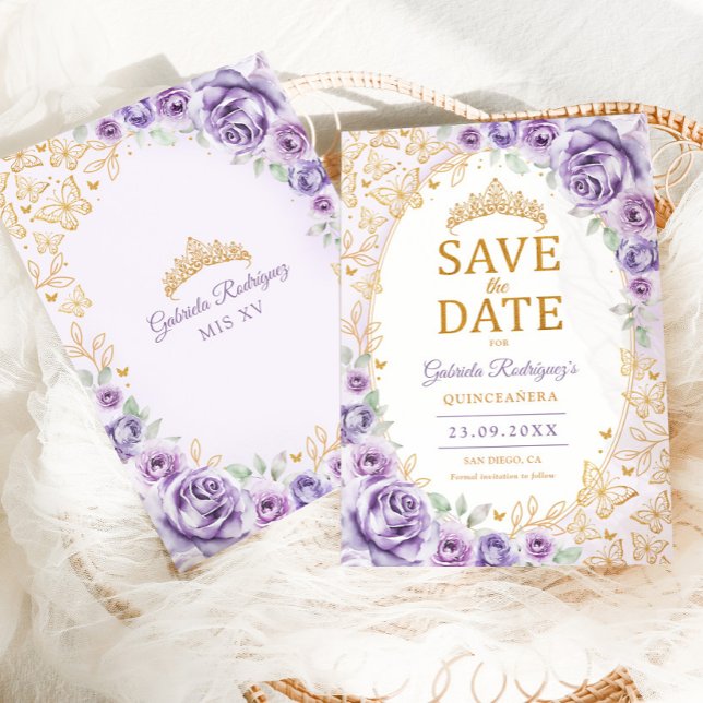 Reserve A Data Roxo Lilás Dourado Floral Quinceanera (Criador carregado)