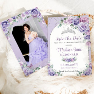 Reserve A Data Roxo Lilás Floral Doce 16 Aniversário de Prata Fot