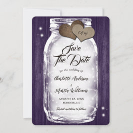 Reserve A Data Roxo Mason Jar String Luz Rustic Wood Casamento