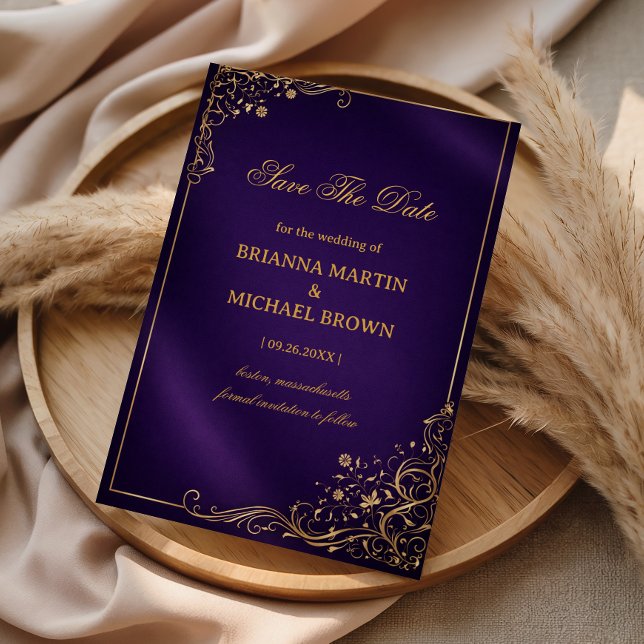 Reserve A Data Roxo Real Floral Dourado (Criador carregado)