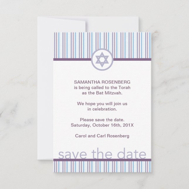 Reserve A Data Roxo Stripes Bat Mitzvah Salvar a Data (Frente)
