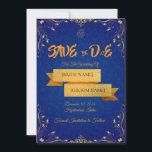 Reserve A Data Royal Blue and Gold Save the Date Card<br><div class="desc">Announce your special day in timeless style with this elegant royal blue Save the Date card featuring luxurious gold corner detailing. The rich blue background adds depth and sophistication, while the gold accents bring a regal and refined touch. Perfect for traditional, Indian, Christian, Muslim, or formal weddings, this customizable Save...</div>