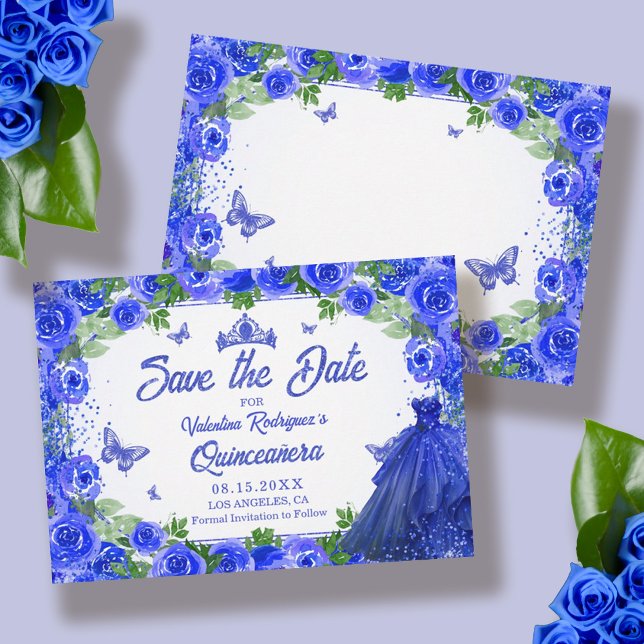 Reserve A Data Royal Blue Floral Quinceanera Salve a Data (Blue Floral Quinceanera Save the Date)