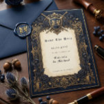 Reserve A Data Royal Navy Moody Celestial Medieval Crest<br><div class="desc">Make a grand announcement with this 'Save the Date' card, a perfect fusion of medieval heraldry and celestial charm. The deep navy and opulent gold color palette creates a luxurious and sophisticated feel, while the central crest with crossed swords and ornate scrollwork evokes a sense of timeless elegance. Adorned with...</div>