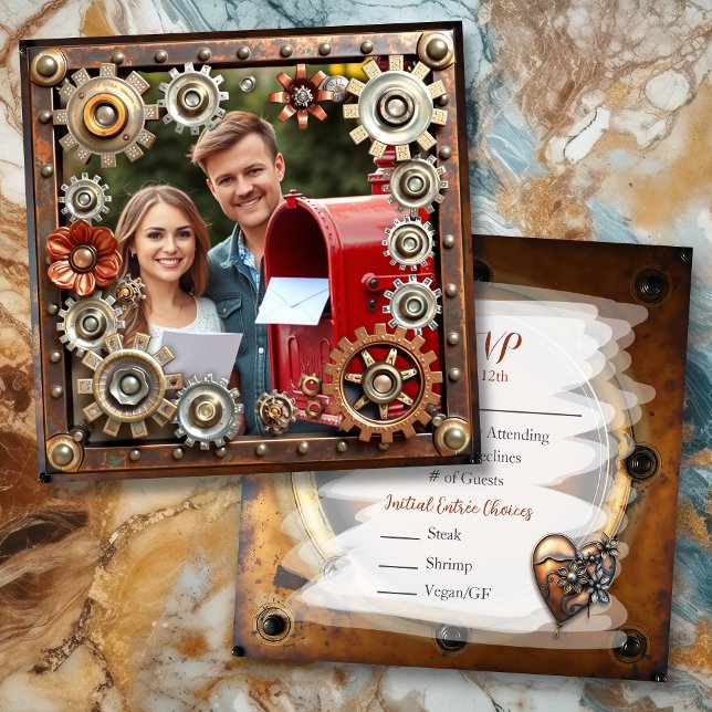 Reserve A Data RSVP de Casamento Personalizado do Cobre Steampunk (Criador carregado)