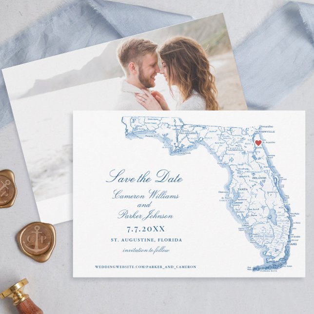Reserve A Data Rua Elegante. Mapa do Marinho de Casamento de Augu (Elegant St. Augustine Florida map wedding napkins in navy blue by Coastal Map Designs)