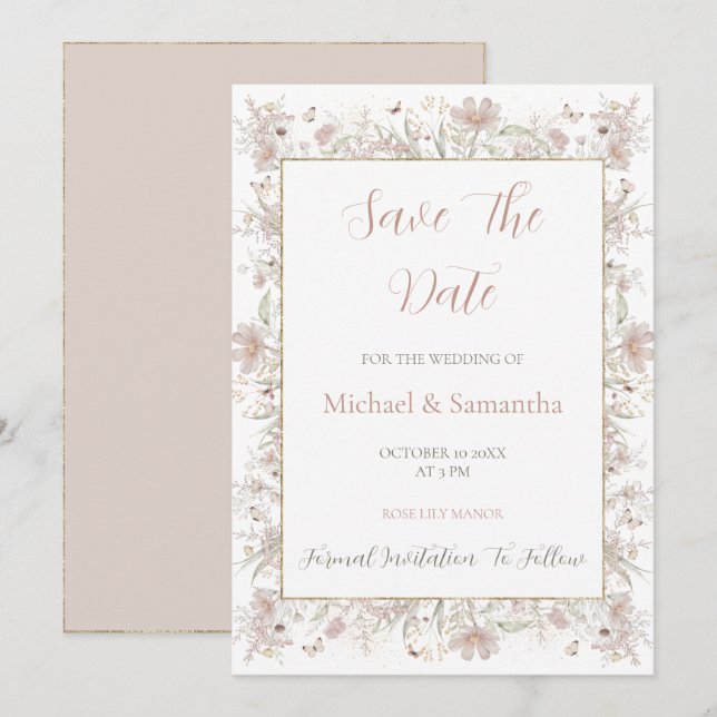 Reserve A Data Rubor e Primavera de Casamento com Flores Silvestr (Frente/Verso)