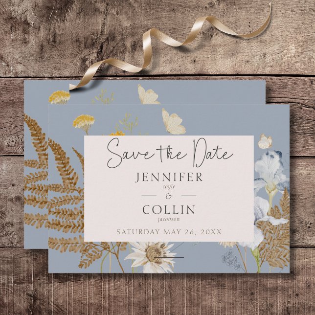 Reserve A Data Russo Flores Selvagens Monograma Dusty Blue (Rustic Wildflowers Monogram Dusty Blue Wedding Save the Date Card)