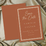Reserve A Data Rust Terracotta Minimalist Frame Wedding<br><div class="desc">Celebrate your love with this minimalist rust terracotta wedding save the date card design. It's perfect for a rustic autumn ceremony. This earthy,  modern look offers a warm and sophisticated feel for your autumn hue wedding. Created by Simply Farmhouse Press.</div>