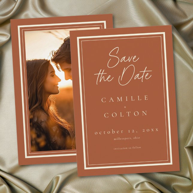 Reserve A Data Rust Terracotta Minimalist Frame Wedding Photo (Rust Terracotta Minimalist Frame Wedding Photo Save The Date)