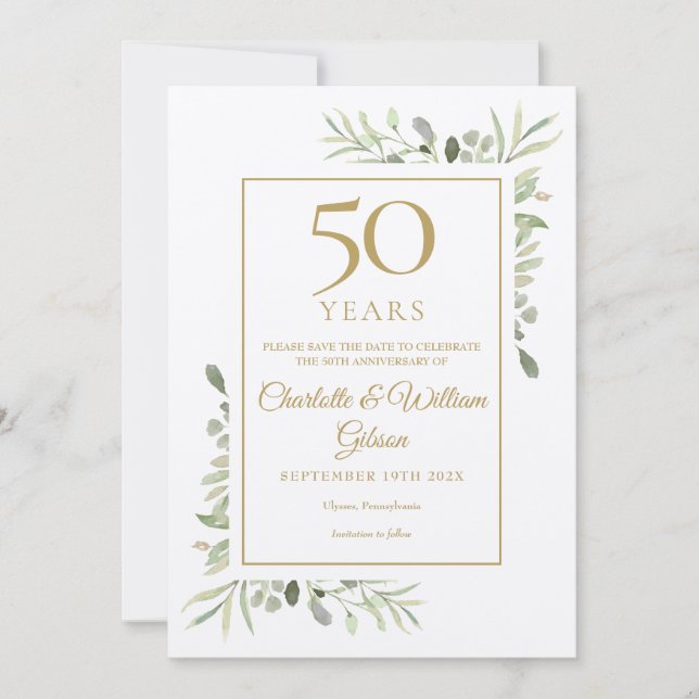 Reserve A Data Rustic 50th Ouro Wedding Anniversário Greenery (Frente)